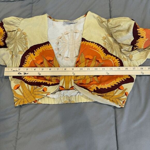 Nocturne Linen Blend Boho Crop Top Tie Puff Sleeves Gold Brown Orange Medium - Picture 14 of 15